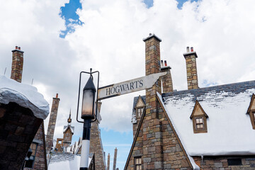 Fototapeta premium Orlando, USA – July 17, 2021: The Hogsmeade at The Wizarding World Of Harry Potter in Adventure Island of Universal Studios Orlando. Universal Studios Orlando is a theme park in Orlando, Florida, USA.