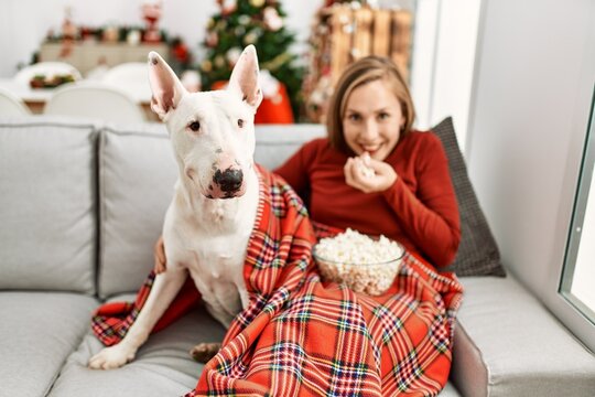 Young caucasian woman watching movie sitting with dog by christmas tree at home