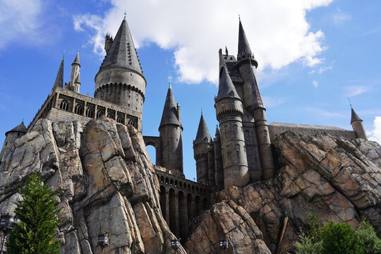 Orlando, USA – July 17, 2021: Hogwarts Castle at The Wizarding World Of Harry Potter in Adventure Island of Universal Studios Orlando. Universal Studios Orlando is a theme park in Orlando.