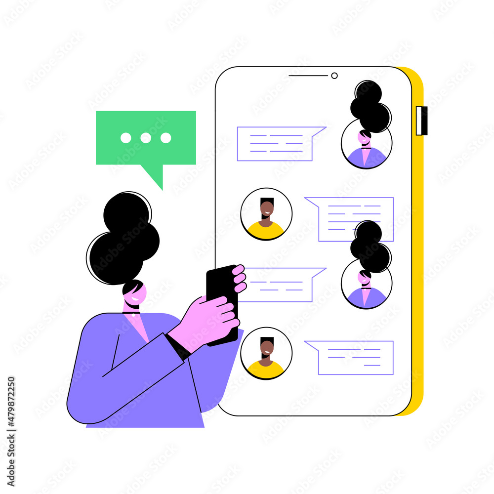Aufkleber messaging application abstract concept vector illustration. texting desktop application, mobile phon