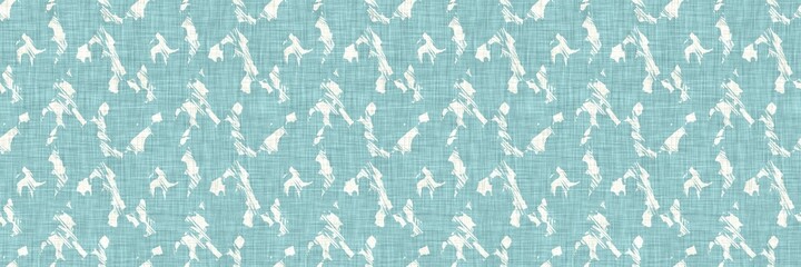 Aegean teal mottled border strip linen texture background. Summer coastal living style home decor fabric effect. Sea green wash grunge edge material. Decorative textile seamless pattern banner. 