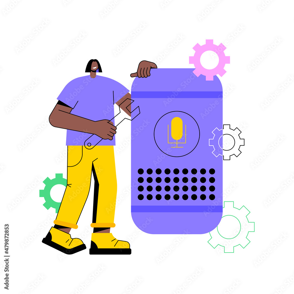 Poster smart speaker apps development abstract concept vector illustration. app development platform, smart
