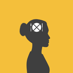 Silhouette profile of woman with crossed out plate in her head - metaphor of eating disorders. Poster of anorexia nervosa, bulimia and other eating disorders. - obrazy, fototapety, plakaty