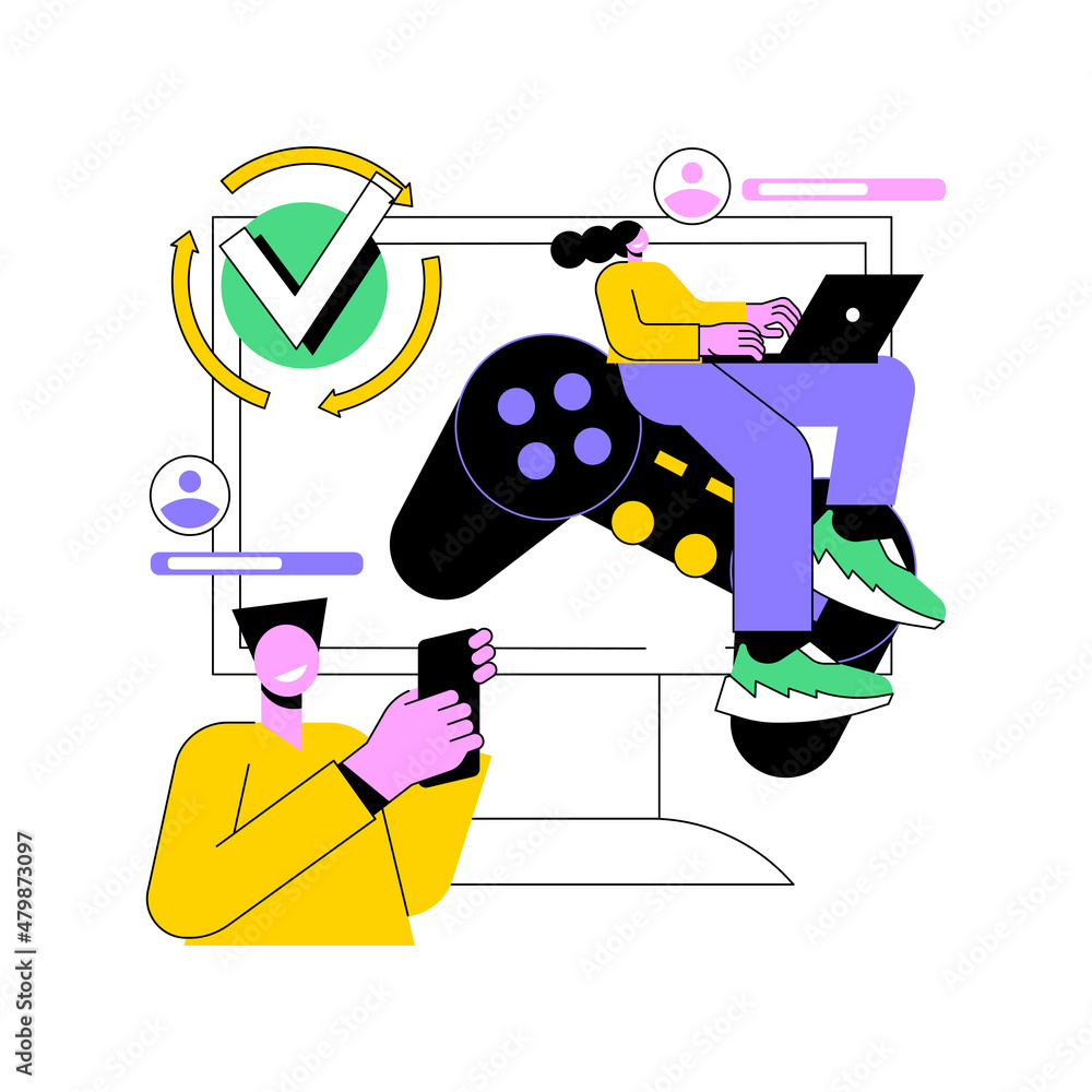 Aufkleber cross-platform play abstract concept vector illustration. remote games play, cross-platform online m