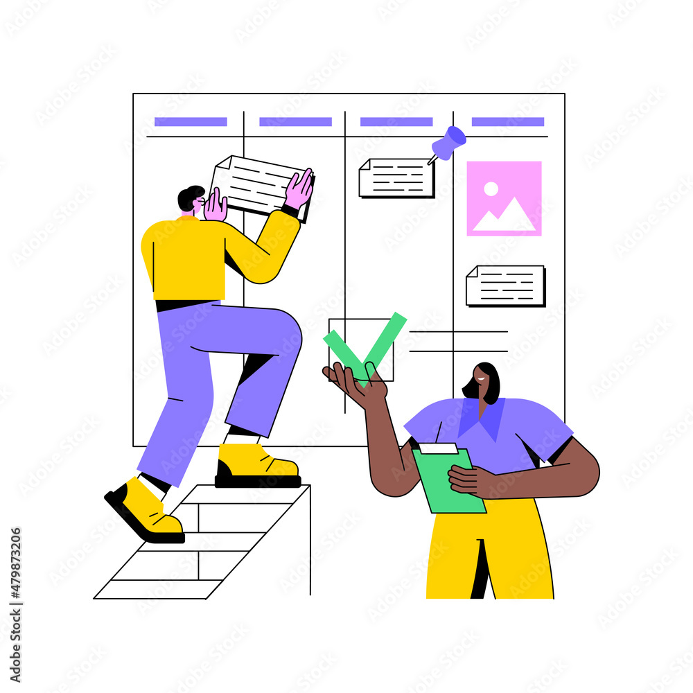Aufkleber task management abstract concept vector illustration. project manager tool, business software, produ