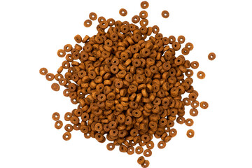 Dry cat food isolated on white background Pet kibble Top view