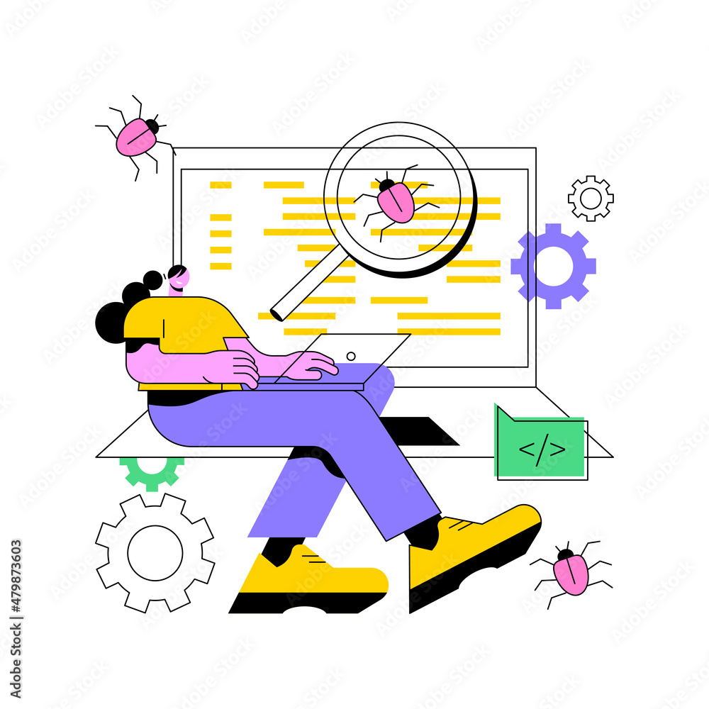Poster software testing abstract concept vector illustration. it software application testing, quality assu