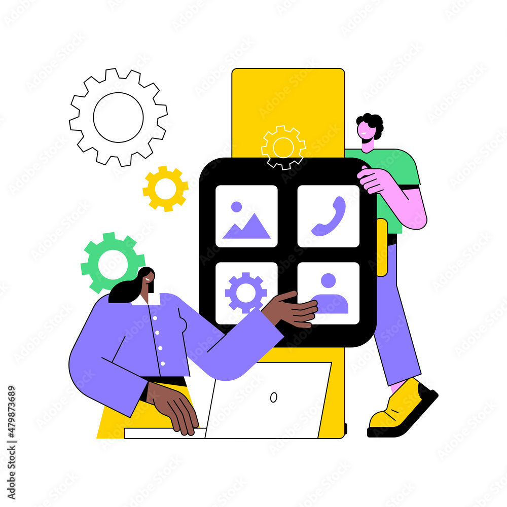 Poster smartwatches mobile apps development abstract concept vector illustration. wearable devices software