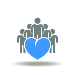 Vector illustration of heart with people group. Icon of corporate social responsibility. Symbol of kindness, charity, friendliness.