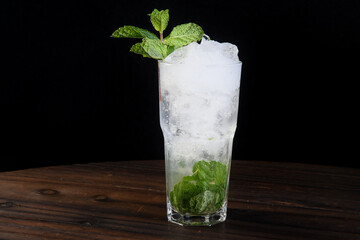 drinks tropical citrus fruits over ice, with sprigs of herbs, grants space for text in blurred background