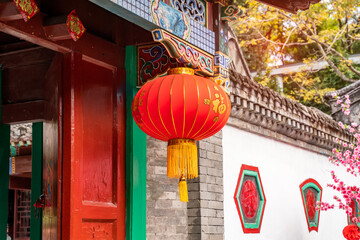 Chinese lantern decorations in Vintage Historical Chinese House Structure,Chinese text translation...