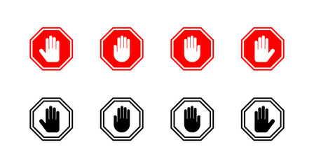 Stop icons set. stop road sign. hand stop sign and symbol. Do not enter stop red sign with hand