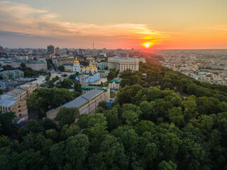 Fototapeta na wymiar Aerial view from a drone to the center of Kiev in the evening