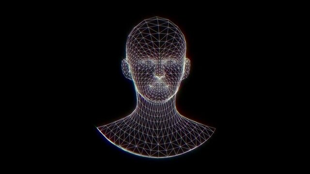 Wireframe Man Head Animation Loop. 3D mesh animation. Rotating model of a human head. Digital display on a black background.