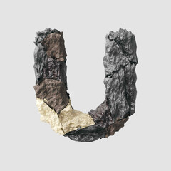 Stone letter U on light background isolated metall rusty thrash foil white background