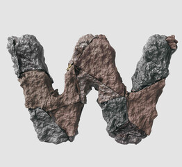 Stone letter W on light background isolated metall rusty thrash foil white background