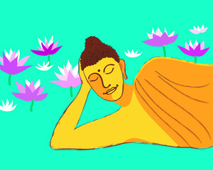 Obraz na płótnie Canvas Gold Reclining Buddha among the lotuses in cartoon style. Vector illustration