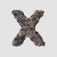 Stone letter X on light background isolated metall rusty thrash foil white background