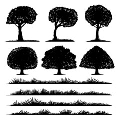 Tree silhouette and grass set collection