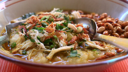Indonesian chicken and rice porridge. 