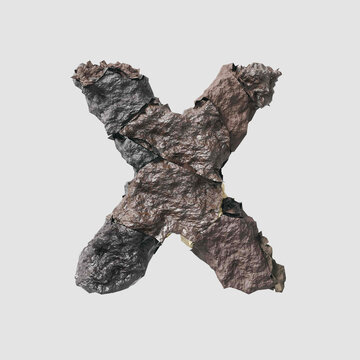 Stone letter X on light background isolated metall rusty thrash foil white background