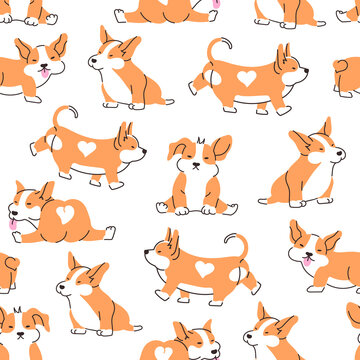 Seamless pattern with cute cartoon corgi dog. Animal repeating background. Hand drawn design for fabric. Vector illustration