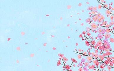 水彩画イラスト。満開の桜。青空の桜背景。桜と舞う花びら。Watercolor illustration. Cherry tree in full bloom. Sakura background in the blue sky. Petals dancing with cherry blossoms.