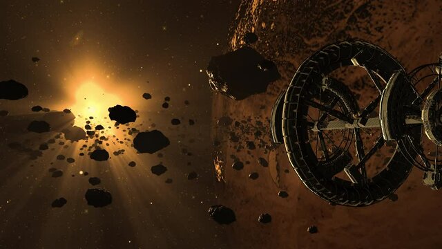 Alien spaceship in space with asteroids