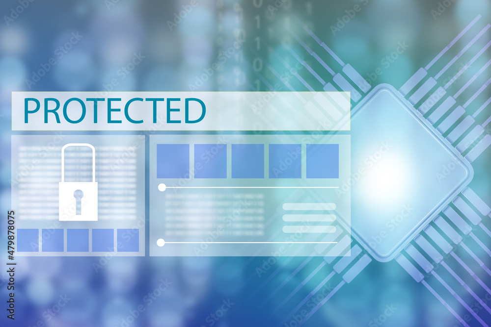 Poster Processor protection concept. Word protected in front of processor lines. Concern for safety of processor. Computer systems security metaphors. Protected from network hackers. 3d image.