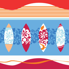 Oahu surfing boards with hibiscus seamless repeat pattern