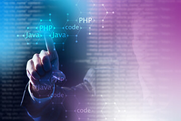 Programming languages. Name of programming languages on virtual screen. PHP, Java and code logo. Developer engineer clicks on name of programming language. Software development environment