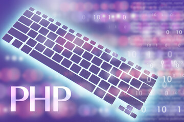 PHP scripting language. Programming language for web development. PHP scripting language. Hypertext Preprocessor logo. Keyboard before PHP letter. Personal Home Page development environment. 3d image