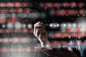 Programming web development. Binary code in front of man with tablet. Virtual screen for your advertisement. Concept of developing applications for gadgets. Programming software for tablets.