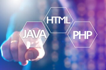 Programming language choice. Human hand chooses programming method. Languages for software...