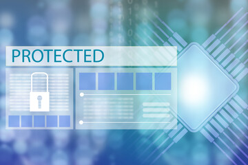 Processor protection concept. Word protected in front of processor lines. Concern for safety of processor. Computer systems security metaphors. Protected from network hackers. 3d image.