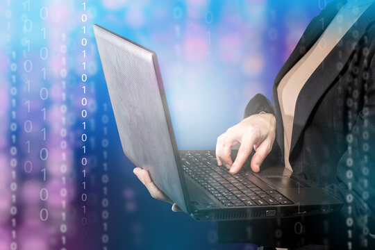 Woman laptop. Woman Programming Concept. Girl programmer prints on laptop. Girl works for internet developers. Computer technology business metaphor. Development of computer technology