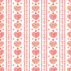 Seamless  watercolor pattern on a white background. Geometry pattern with hearts and beads.  Ideal for wrapping paper, fabric, decor. 
