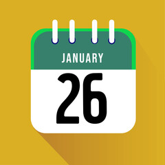 January day 26. Number twenty six on a white paper with green border on a yellow background calendar sheet. Vector illustration.