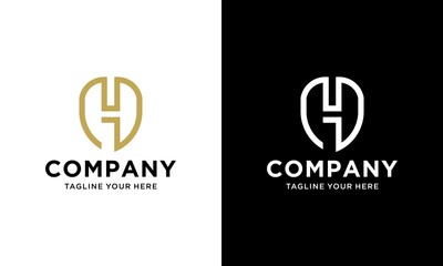 initial Letter H with Shield frame line art element. Shield Line geometry for Security logo. on a black and white background.