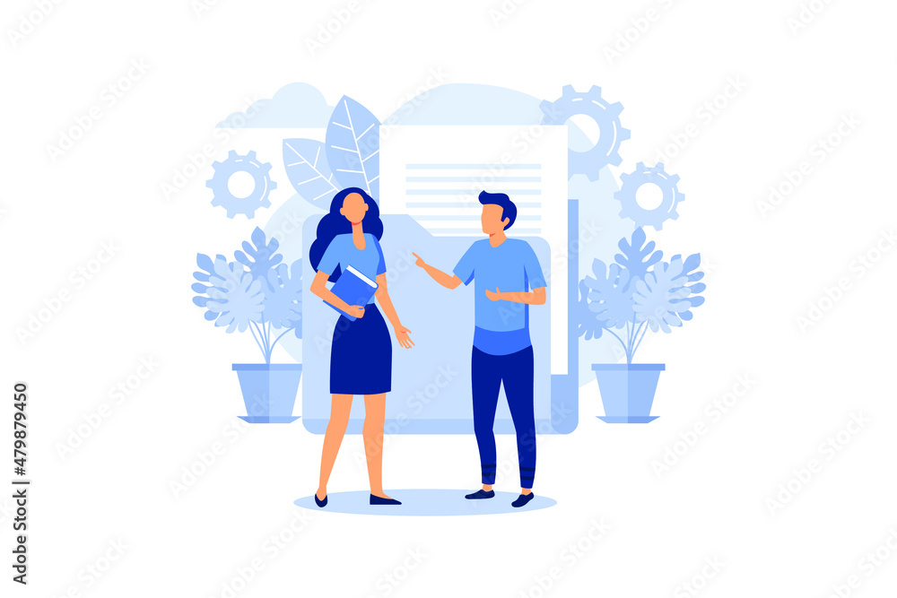 Poster blue document storage folder, vector flat illustration, cloud storage, data processing, message send