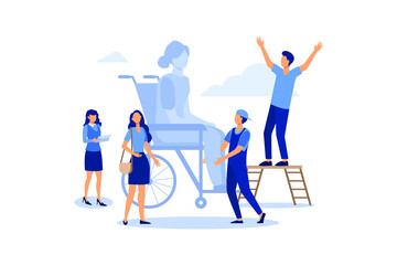 assistance to a disabled person, a person in a wheelchair helping him other people, social workers, medical help, rehabilitation flat vector illustration 