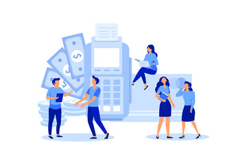 financial transactions, non-cash transactions on payment. Pos-terminal and payment systems, monetary currencies, coins, Payment concept NFC flat vector illustration 