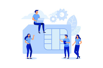 mobile sim card, microcircuit, mobile phone communication scheme flat vector illustration 