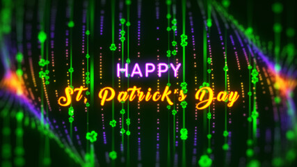 Glowing Shiny Happy St Patricks Day Greeting On Green Colorful Blurry Focus Vertical Three Leaf Clovers Lines Curtain And Art Dotted Lines Background