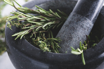 Bunch of fresh herbs in gray stone mortar with pestle