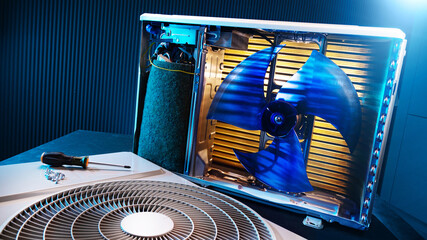 Fan, electrical engine and hydraulic module of a modern air conditioner.