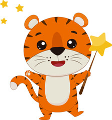 Cute cartoon tiger cub with a magic wand. Tiger on a white background. Vector illustration