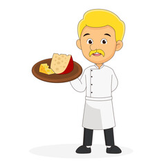 Cheesemaking. male cheesemaker in apron. man with tray.