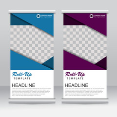 Roll up banner stand template design. Vertical banner template. Universal stand for conference, seminar, exhibitions, promo banner vector background. Modern publication x-banner and flag-banner.