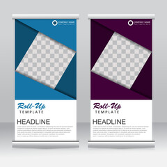 Roll up banner stand template design. Vertical banner template. Universal stand for conference, seminar, exhibitions, promo banner vector background. Modern publication x-banner and flag-banner.